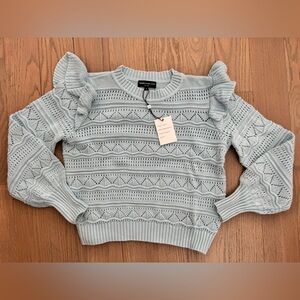 Generation Love Pale Blue Knit Crewneck with Ruffle Shoulders